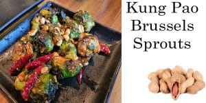 Kung pao brussels sprouts on a black plate at the best garden center near me.