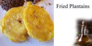 Fried plantains on a plate with a bottle of oil at a garden center.