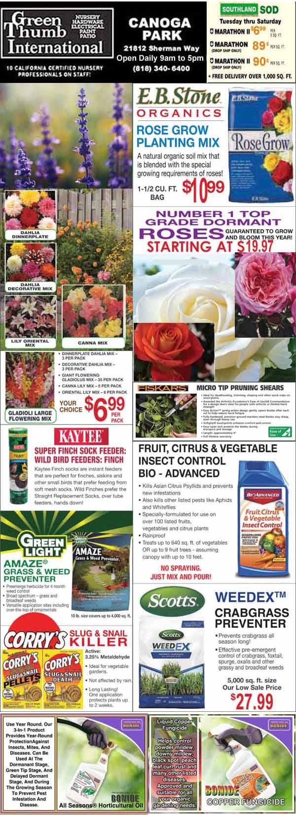A newspaper ad showcasing a nearby garden center's assortment of flowers and plants.