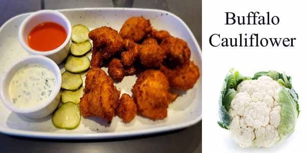 Buffalo cauliflower with dipping sauce at a garden center.