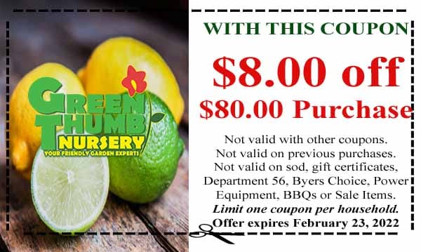 A coupon for the best plant nursery near me, Greenthumb Nursery, with limes and lemons.