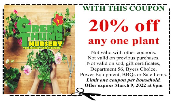 A coupon for 20% off at the best plant nursery near me.