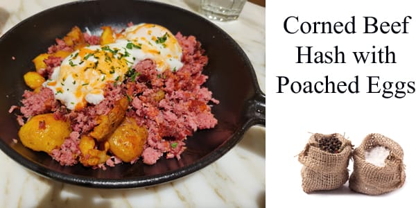 Corned beef hash with poached eggs at a nearby garden center.