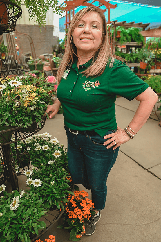 A woman in a green shirt standing near a flower stand at the best plant nursery near me.