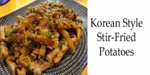 Korean style stir-fried potatoes on a plate at a Korean restaurant.