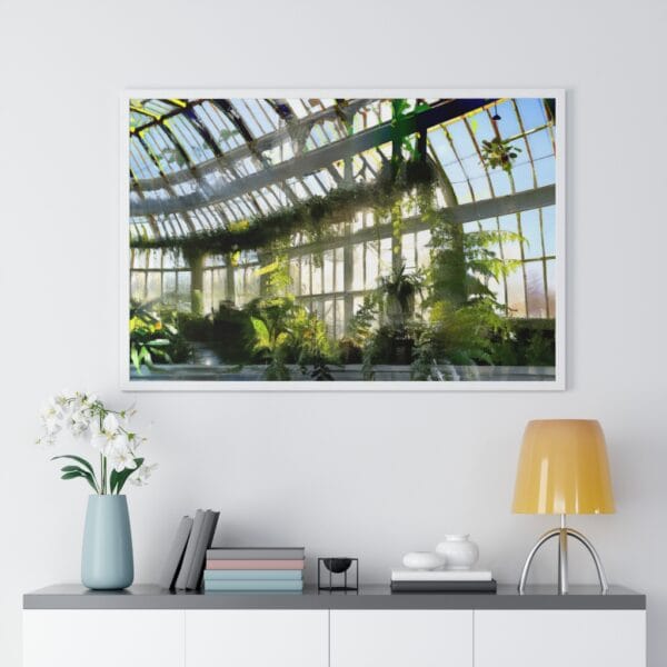 A living room with a Victorian Green House Premium Framed Poster by Green Thumb Nursery.
