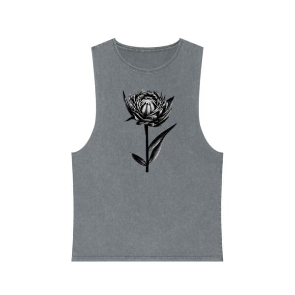 A B&W Pen Flower Art on Stonewash Tank Top by Green Thumb Nursery with a flower.