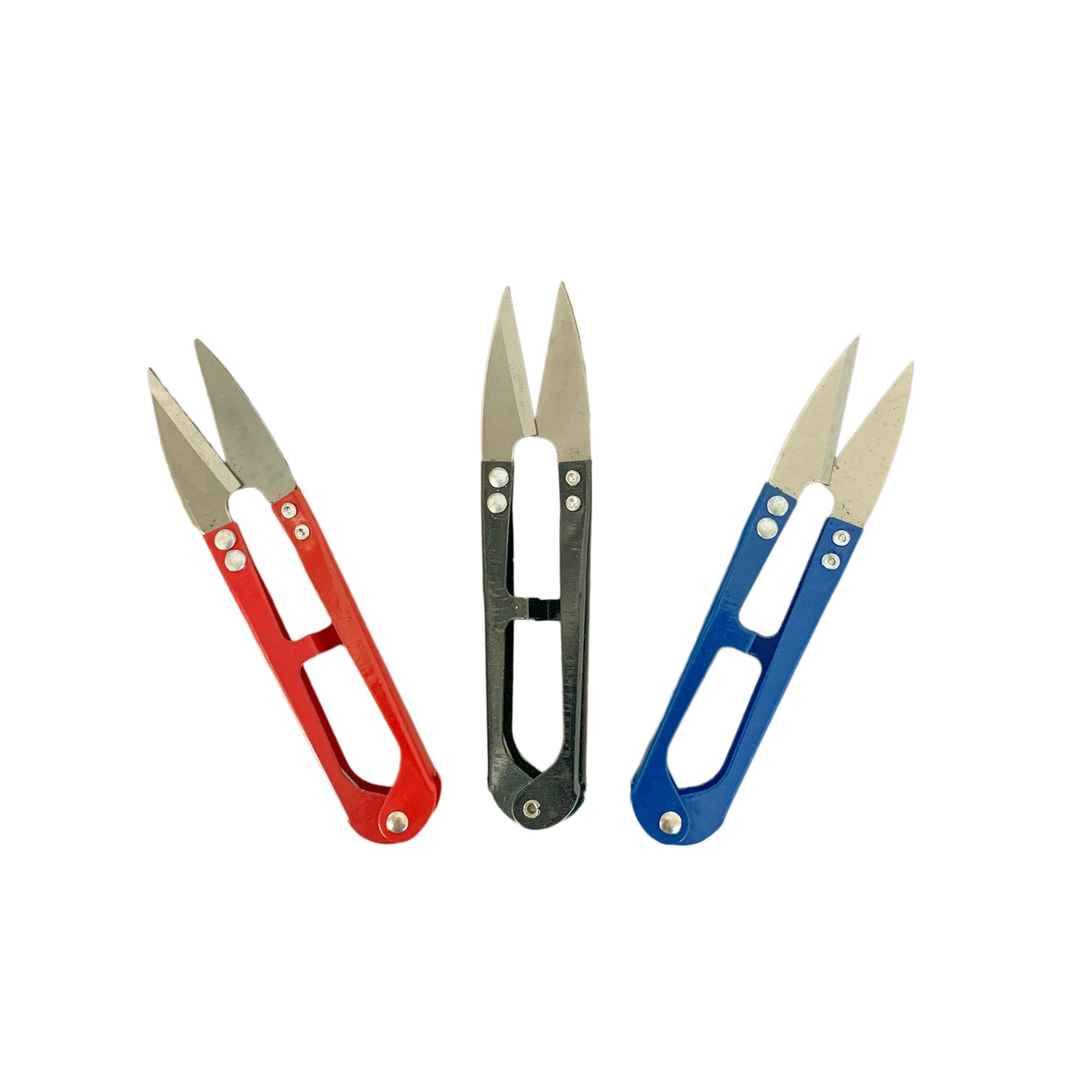 Three pairs of scissors on a white background at a garden center near me.