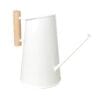 A white watering can with a wooden handle, perfect for any garden center.