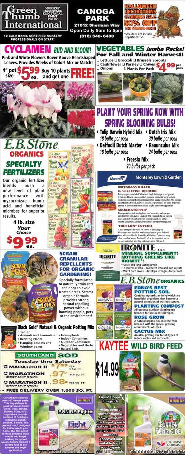 Flyer for Green Thumb International featuring plant sales, fertilizers, spring bulbs, wild bird feed, and gardening products with prices and product images.