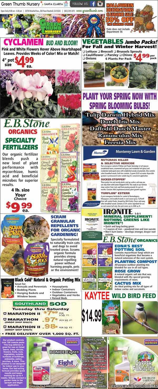 A nursery advertisement flyer featuring flowers, vegetable seed packs, fertilizers, potting soil, gardening supplies, and wild bird feed with prices and promotional text.