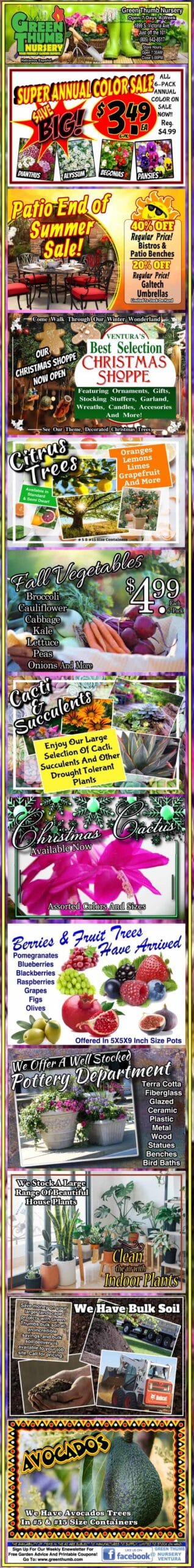 Colorful collage of promotional ads featuring discounts on plants, flowers, gardening supplies, lawn care products, bird baths, garden furniture, pottery, and outdoor decor.