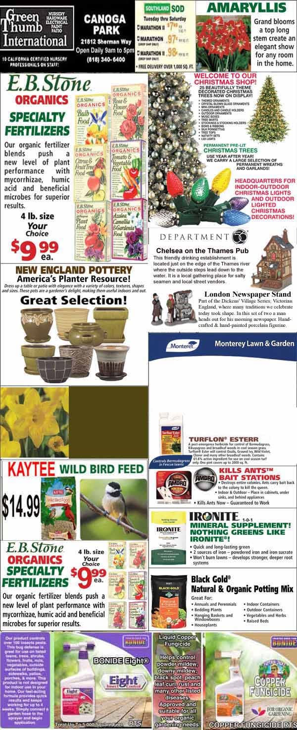 A collage of garden supply ads featuring fertilizers, bird feed, pottery, mulch, plants, and store contact information, with various product images and prices.