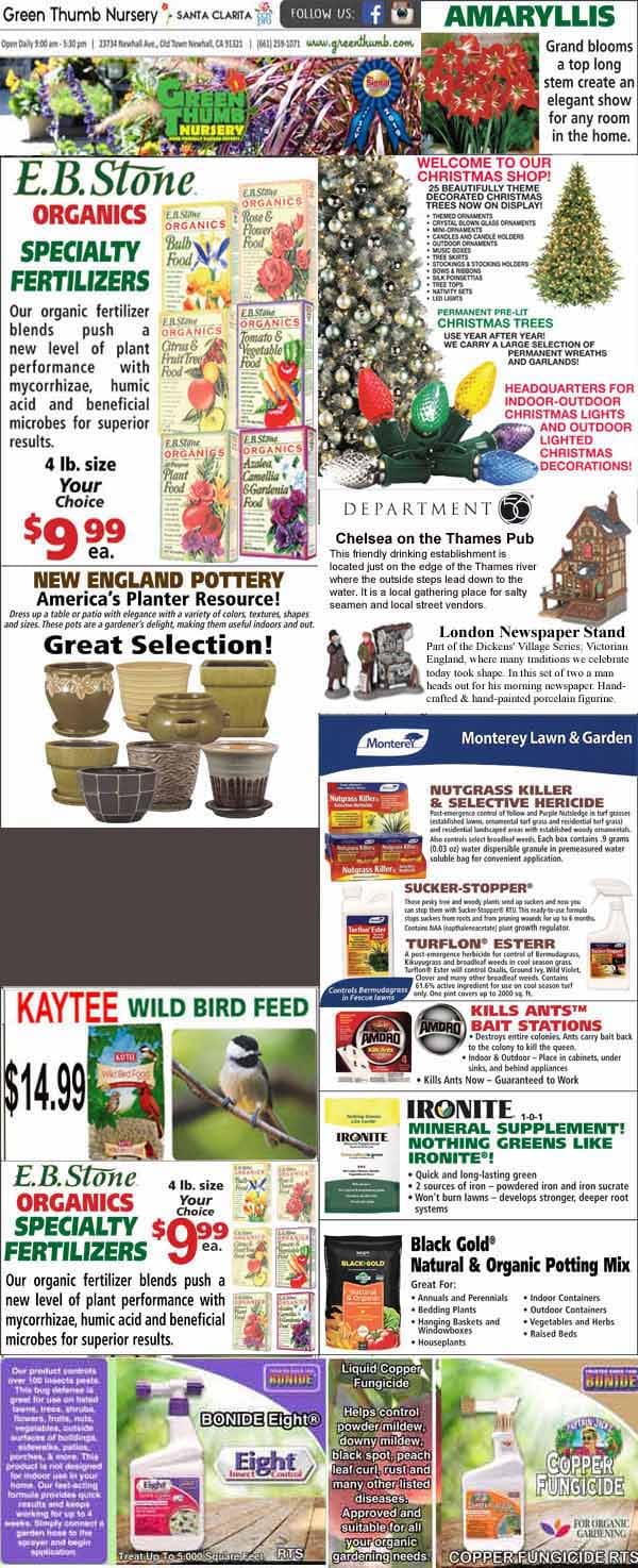 A nursery advertisement page featuring plant fertilizers, pottery, bird seed, garden supplies, gift cards, and a decorated Christmas tree, with prices and promotional offers displayed.