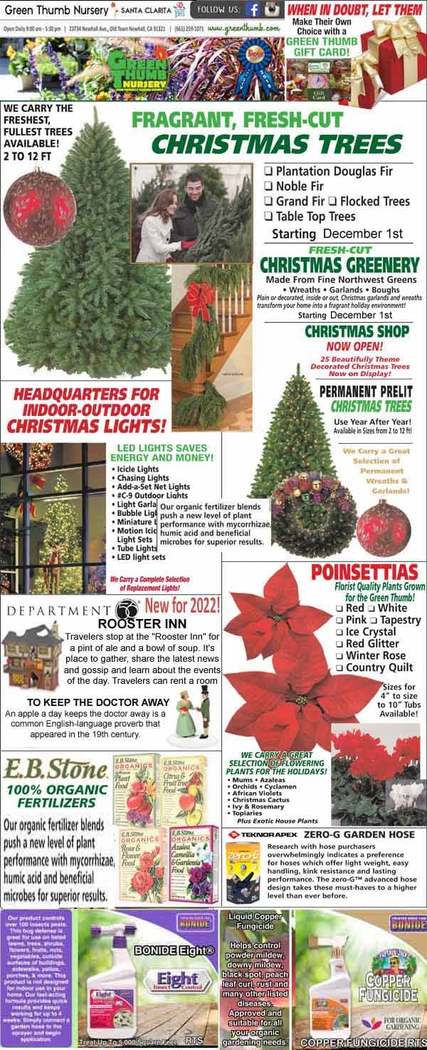A holiday-themed flyer advertises Christmas trees, greenery, poinsettias, garden supplies, and nursery services, featuring images of trees, wreaths, and seasonal plants.