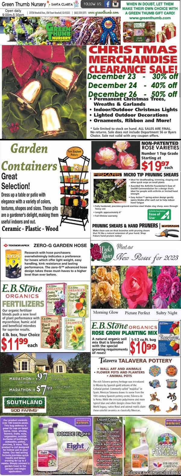 A plant nursery advertisement page featuring Christmas sale details, garden containers, hoses, fertilizers, pruners, roses, pottery, and a variety of garden products with prices.