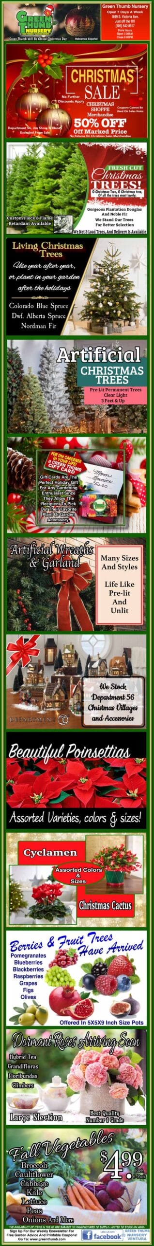 Vertical advertisement promoting a garden center's Christmas sale with images of trees, poinsettias, holiday decor, houseplants, cacti, and store hours.