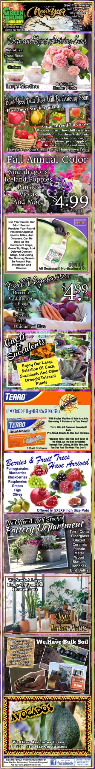 Colorful vertical flyer advertising a garden center, featuring images of plants, flowers, fruit trees, gardening supplies, sale prices, and promotional offers.