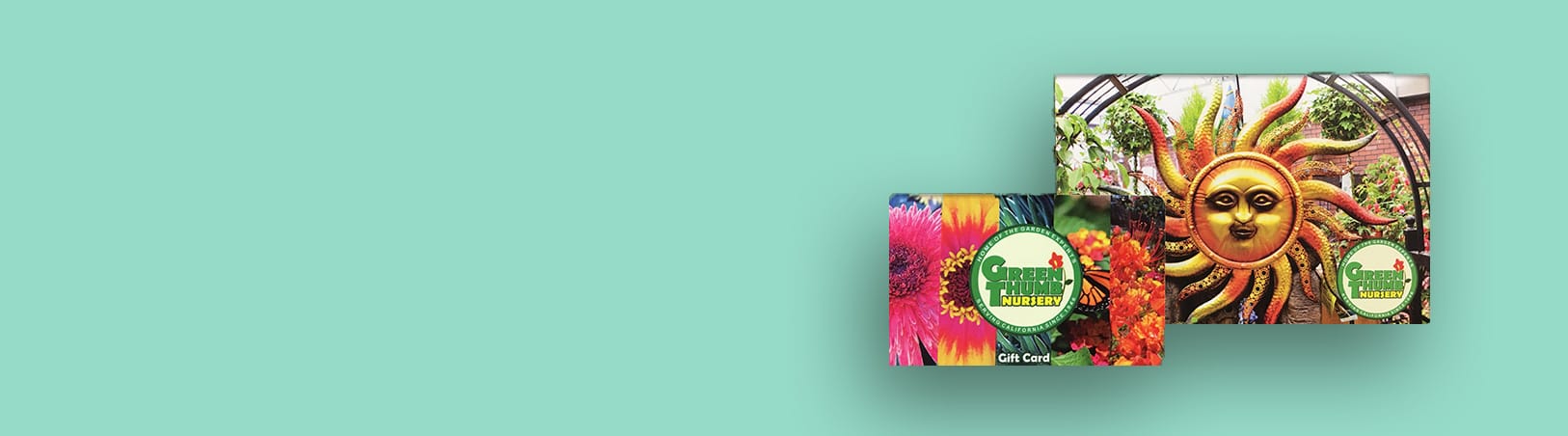 Two colorful garden-themed gift cards from Campbell Ferrara, featuring flowers and a decorative sun sculpture, displayed on a light teal background.