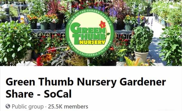 A display of potted plants and flowers surrounds a Green Thumb Nursery sign; text below reads “Green Thumb Nursery Gardener Share - SoCal” with 25.5K members in a public group.