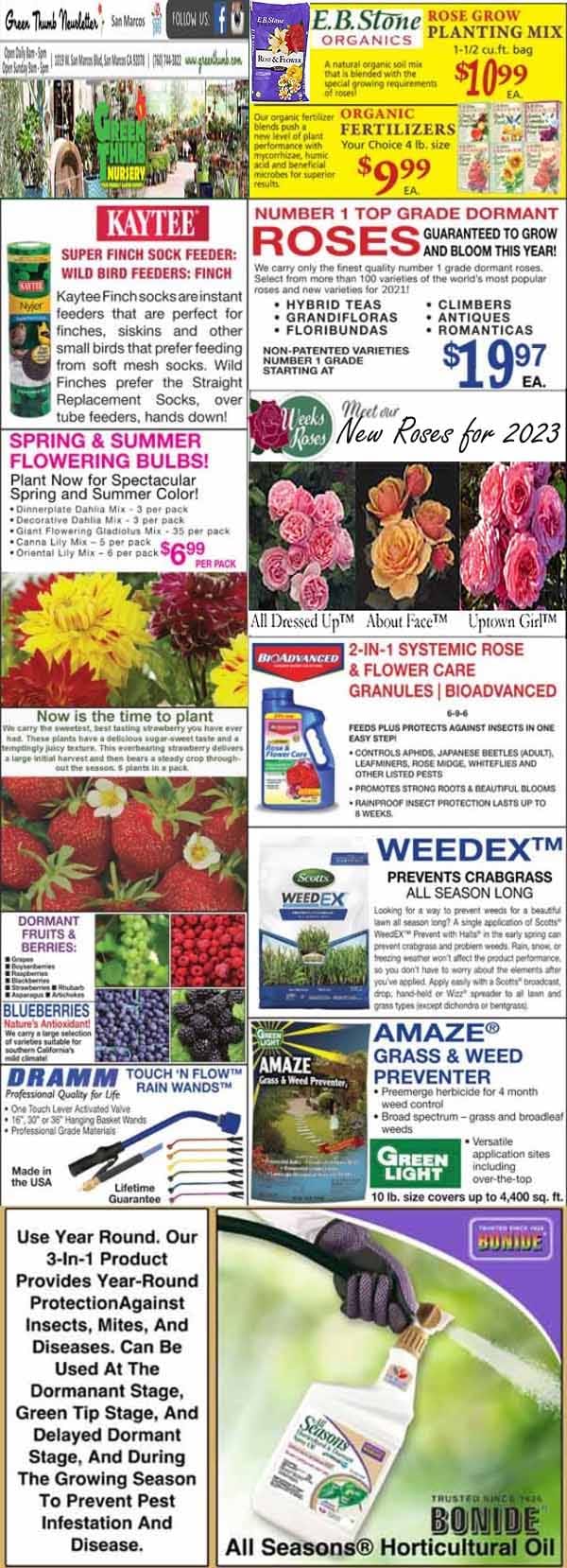 A collage of gardening product ads featuring roses, bird feeders, soil, weed control, fertilizers, blueberry plants, and horticultural oil.