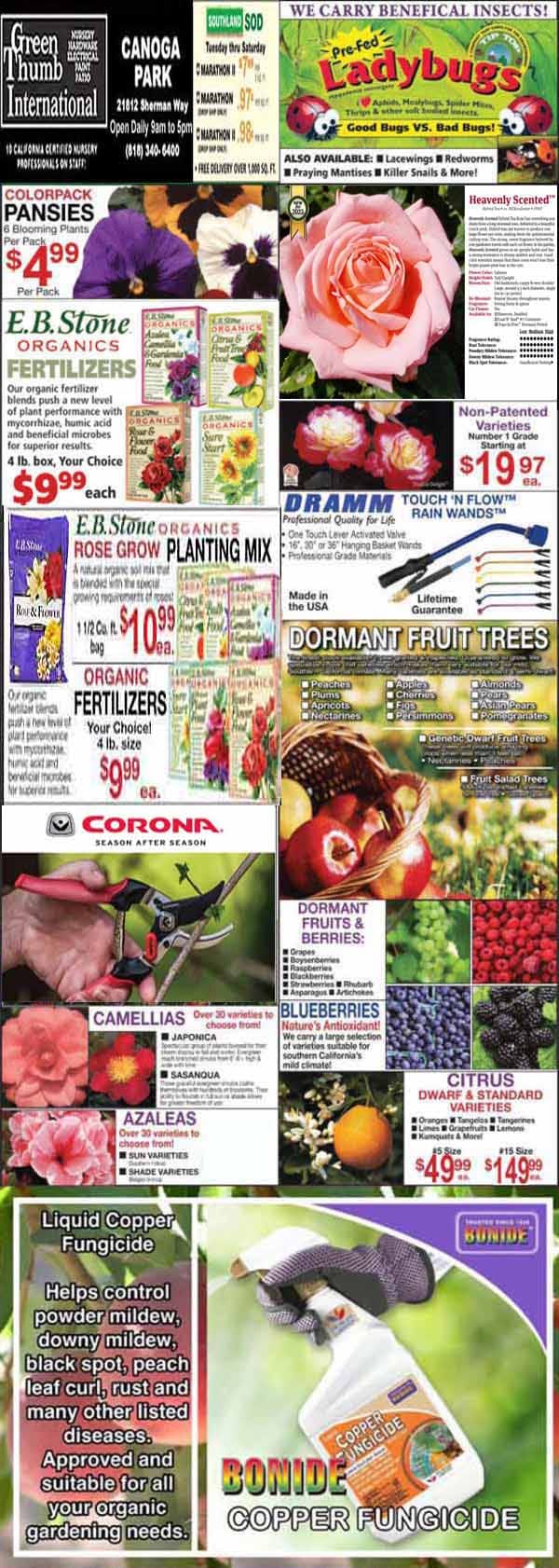 A collage of garden center ads featuring flowers, plants, fertilizers, fruit trees, and gardening products with prices and promotional details.