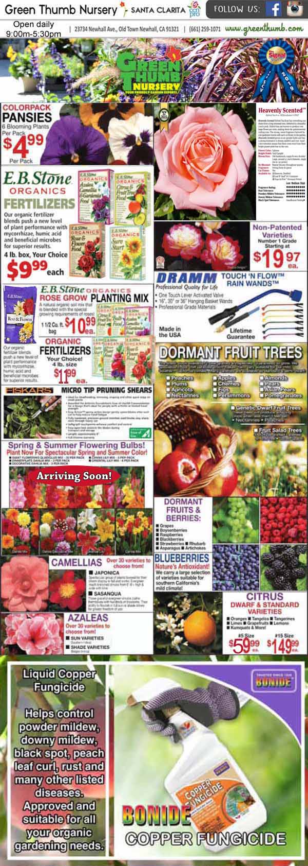 A nursery flyer featuring sales on plants, fruit trees, gardening tools, soil, fungicide, and images of flowers, fruit, and product packaging with prices and store contact information.