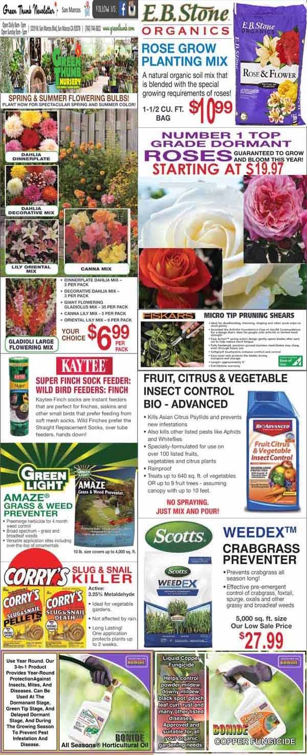 A garden store flyer displays various plants, fertilizers, rose bushes, garden tools, and pest controls with photos, descriptions, and prices.