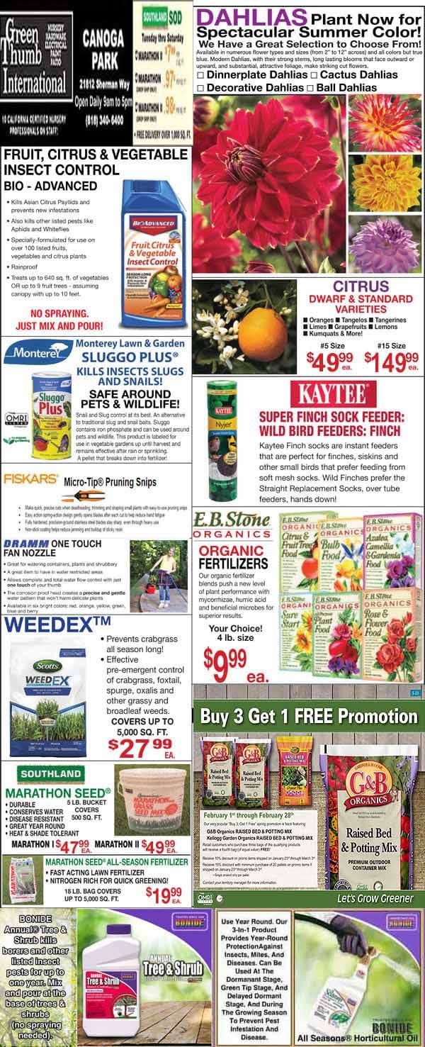 A garden center flyer displays promotions for plants, fertilizers, pesticides, tools, and a “Buy 3 Get 1 Free” offer on select garden products.