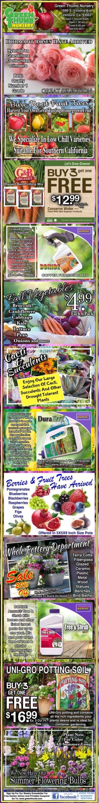 Colorful vertical advertisement for various garden products, including chili seeds, seed trays, potting soil, fertilizers, peat pots, gardening books, and decorative bulbs, with text and product images.