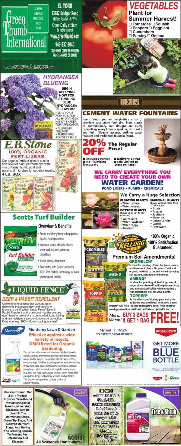 A garden supply store flyer featuring ads for plants, fertilizers, pest repellents, soil, water fountains, and promotional discounts.