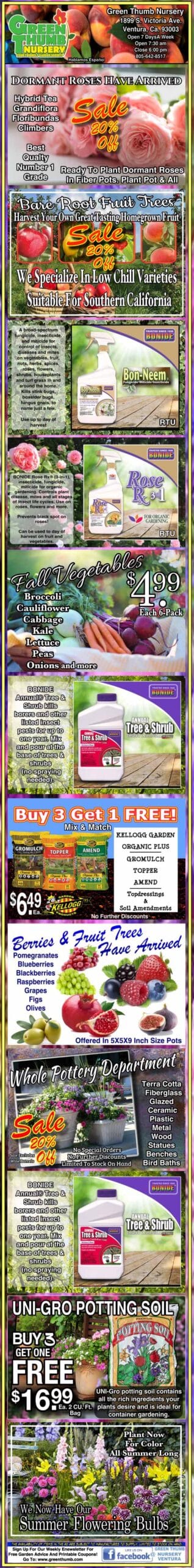 Colorful vertical advertisement for a California nursery promoting fruit trees, potting soil, vegetable plants, bulbs, and tropical plants, with prices, photos, and store contact info.