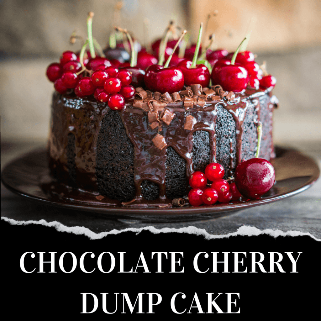 A chocolate cake topped with chocolate drizzle, fresh cherries, and red currants sits on a plate. Text reads “Chocolate Cherry Dump Cake.”.