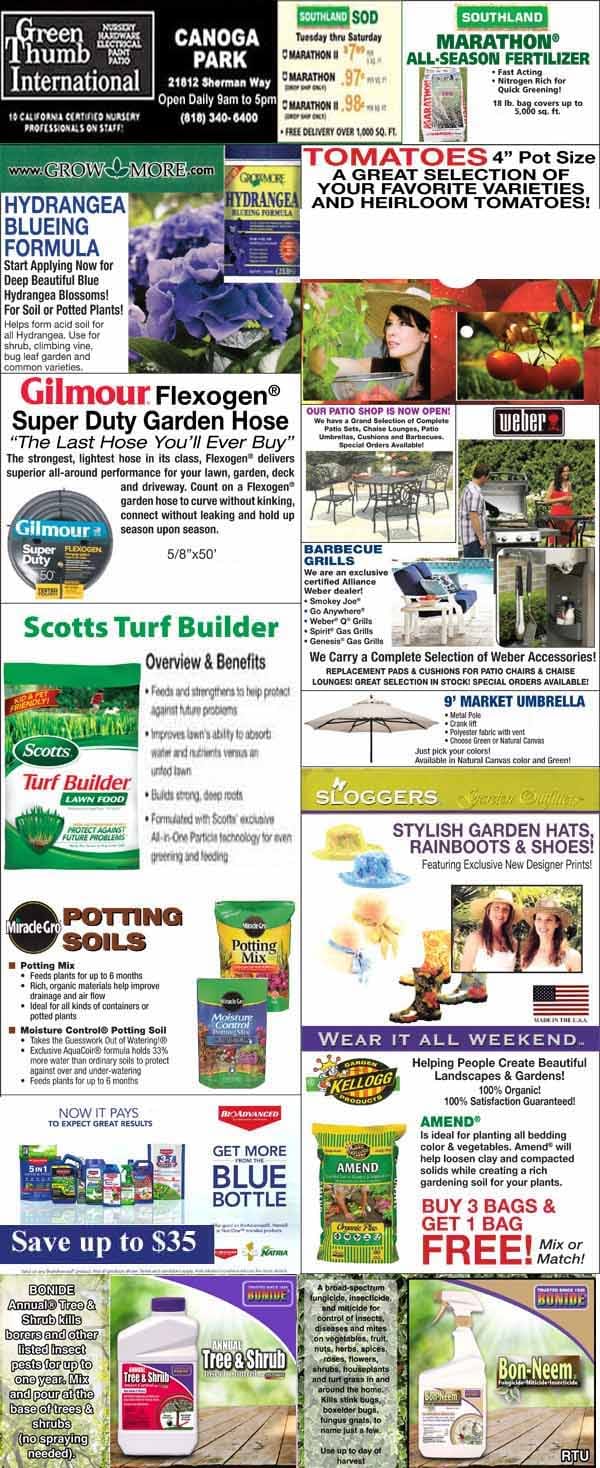 A garden supply store flyer features ads for plants, hoses, fertilizers, soils, garden tools, lawn care products, grills, and discounts on various gardening items.