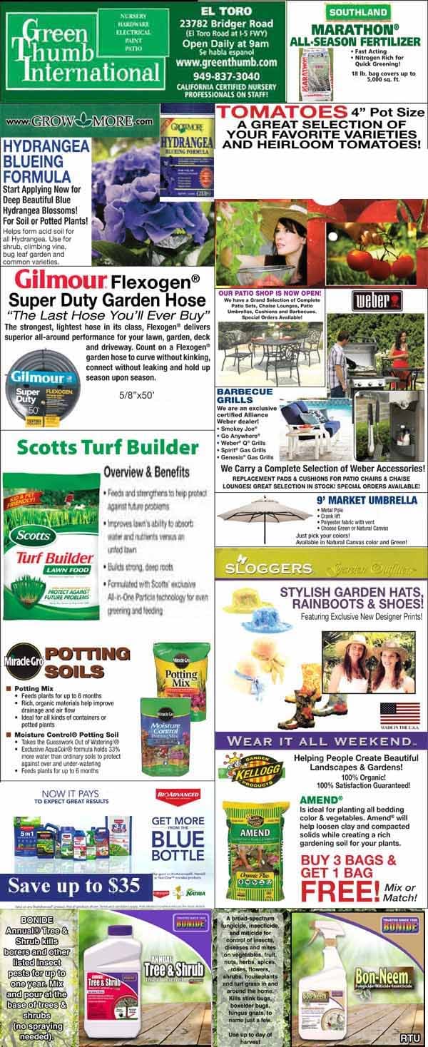 Advertisement flyer for Green Thumb International featuring garden supplies, plants, fertilizers, patio furniture, grills, and store contact information. Multiple product images and prices are shown.