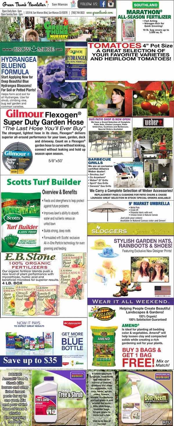 A garden center newsletter featuring ads for plants, fertilizers, garden tools, patio furniture, lawn care products, and seasonal sale announcements.