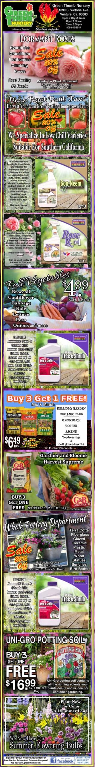 An informational flyer displays various gardening products and services, including fig trees, berry plants, bulbs, potting soil, and special offers, with images and text descriptions.