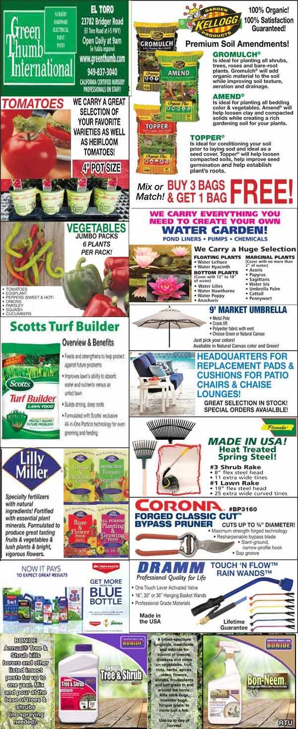 A colorful flyer displays gardening products and promotions, including soil, seeds, fertilizers, tools, and information for Green Thumb International garden center.
