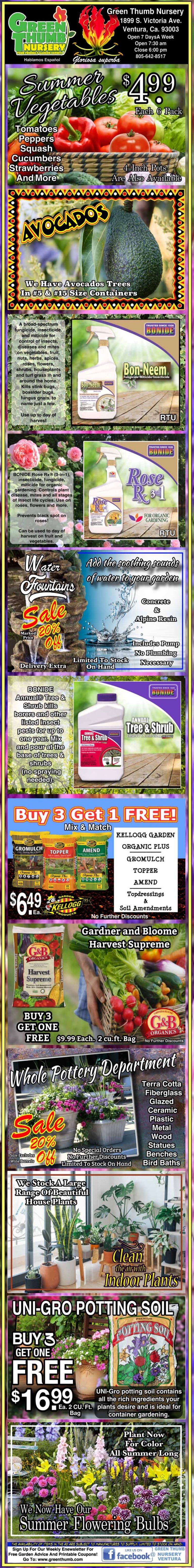 Colorful gardening store ad featuring discounts on avocados, fruit trees, fertilizers, potting soil, blooming bulbs, flower seeds, and more, with product images and prices throughout.