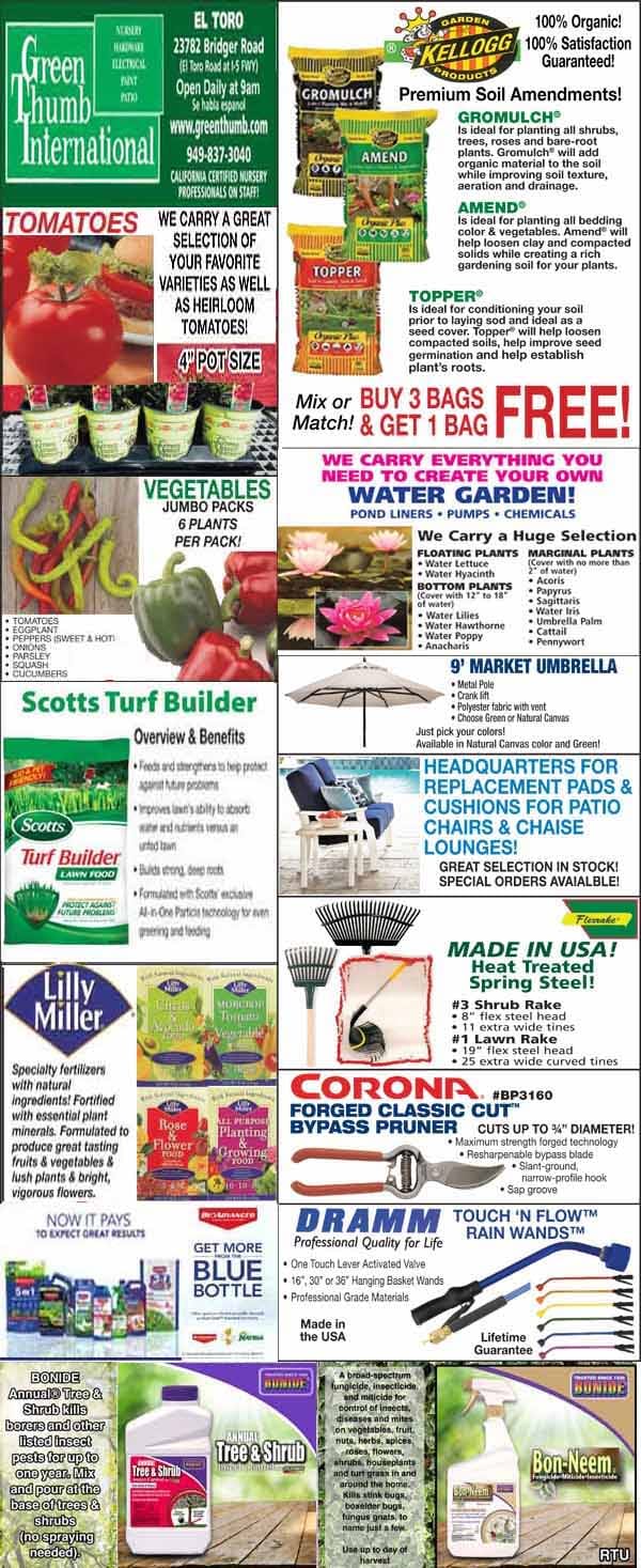A garden supply store flyer featuring products like tomato plants, soil, fertilizers, birdbaths, hoses, and gardening tools, with promotional offers and store information.