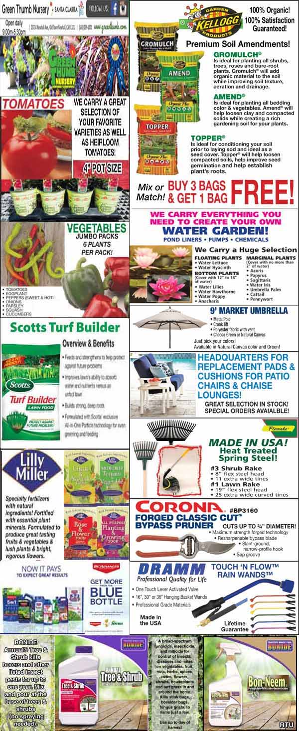 A colorful nursery ad features photos of seeds, fertilizers, tools, garden products, umbrellas, and promotions for soil amendments and plant care, with product names and prices throughout.
