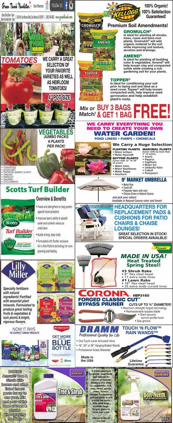 A flyer features various gardening products and specials, including soil, fertilizers, tools, seeds, pest control, and plant food, with photos and text descriptions throughout.