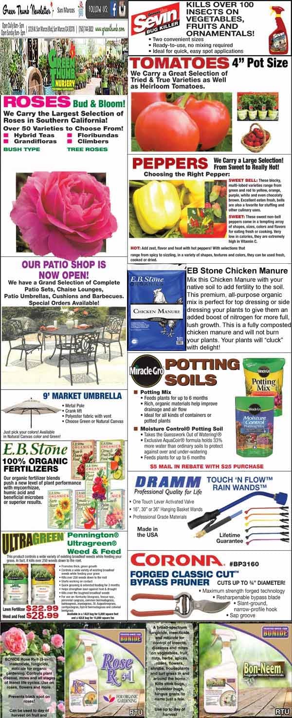 Garden center advertisement featuring roses, tomatoes, peppers, potting soils, chicken manure, umbrellas, tools, and plant-related products with colorful images and promotional text.