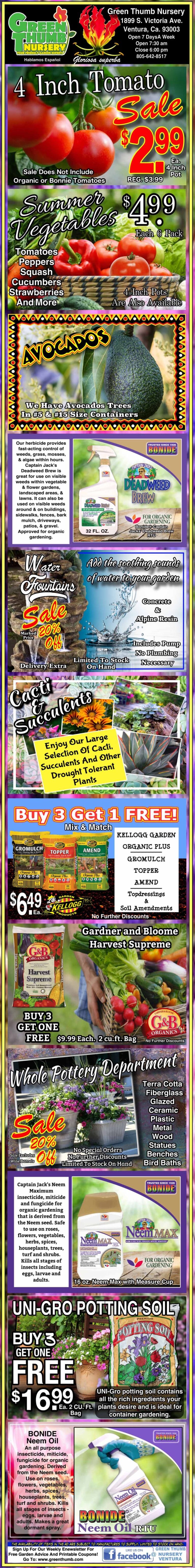 Colorful advertisement featuring sales on tomato plants, avocados, garden fertilizers, fruit trees, hanging baskets, pottery, potting soil, and various gardening supplies at a nursery.