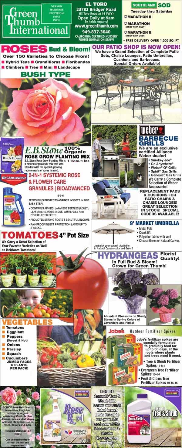 A garden center ad featuring roses, patio furniture, grills, tomato plants, vegetables, fertilizer, and store information, with various colorful product images and brief descriptions.