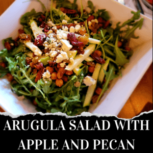 A plate of arugula salad topped with apple slices, pecans, chickpeas, crumbled cheese, and dried cranberries, photographed from above.