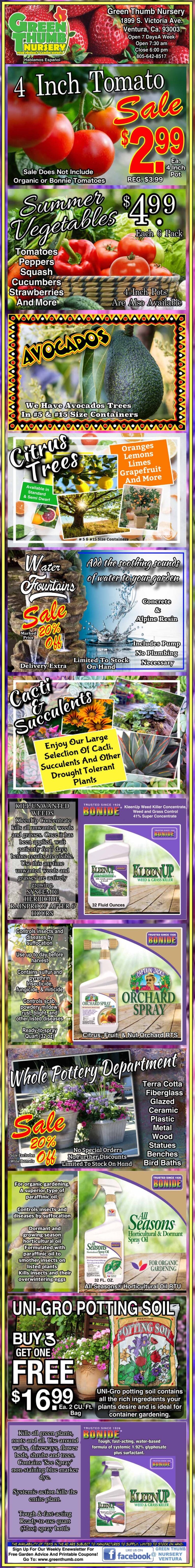 Colorful vertical advertisement featuring gardening products and prices, including tomatoes, citrus trees, avocados, mint, potting soil, fertilizers, and gardening tips.