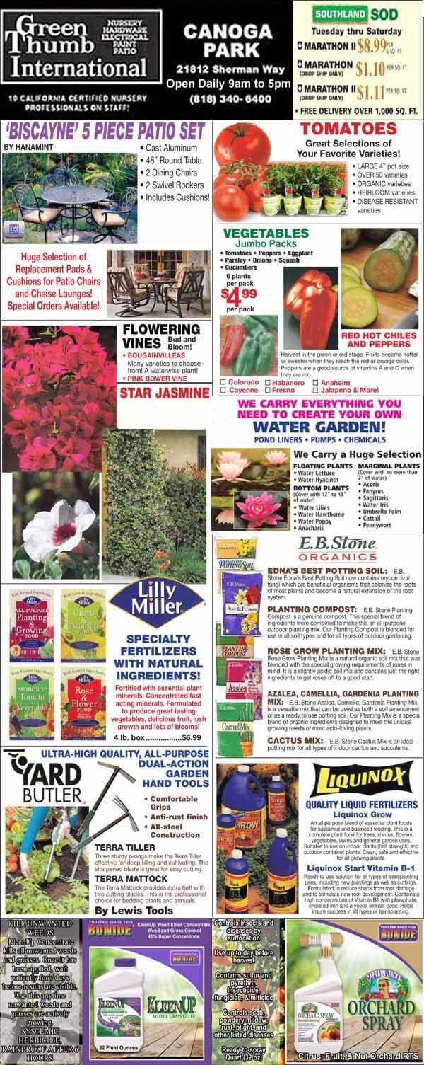 A newspaper ad page for Green Thumb International featuring garden supplies, plants, patio furniture, fertilizers, store info, specials, and coupons at the Canoga Park location.