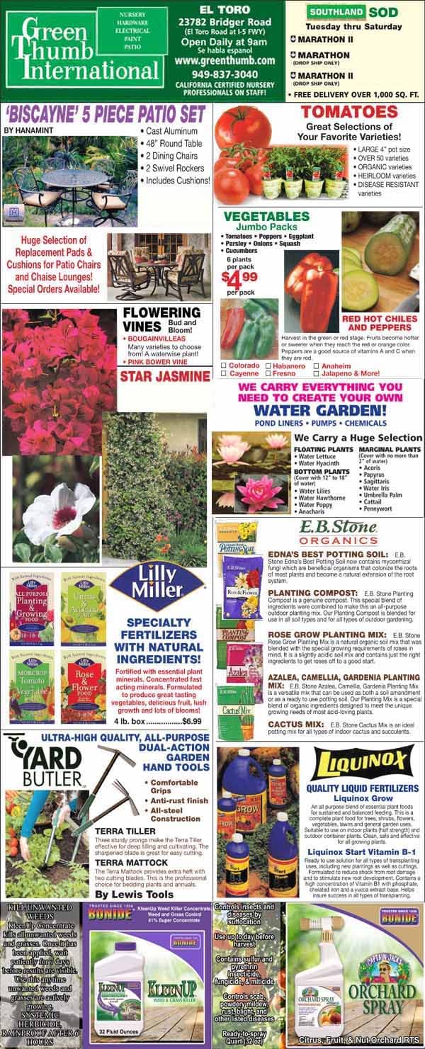 A garden center flyer featuring patio sets, flowering plants, vegetables, fertilizers, sod, gardening tools, and contact information for Green Thumb International.