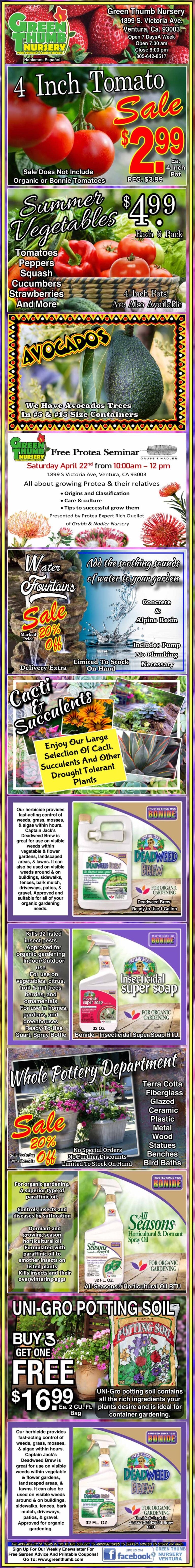 Colorful garden center ad featuring tomato plants, avocados, potting soil, fertilizers, berries, and sale prices, with photos of plants and gardening products.